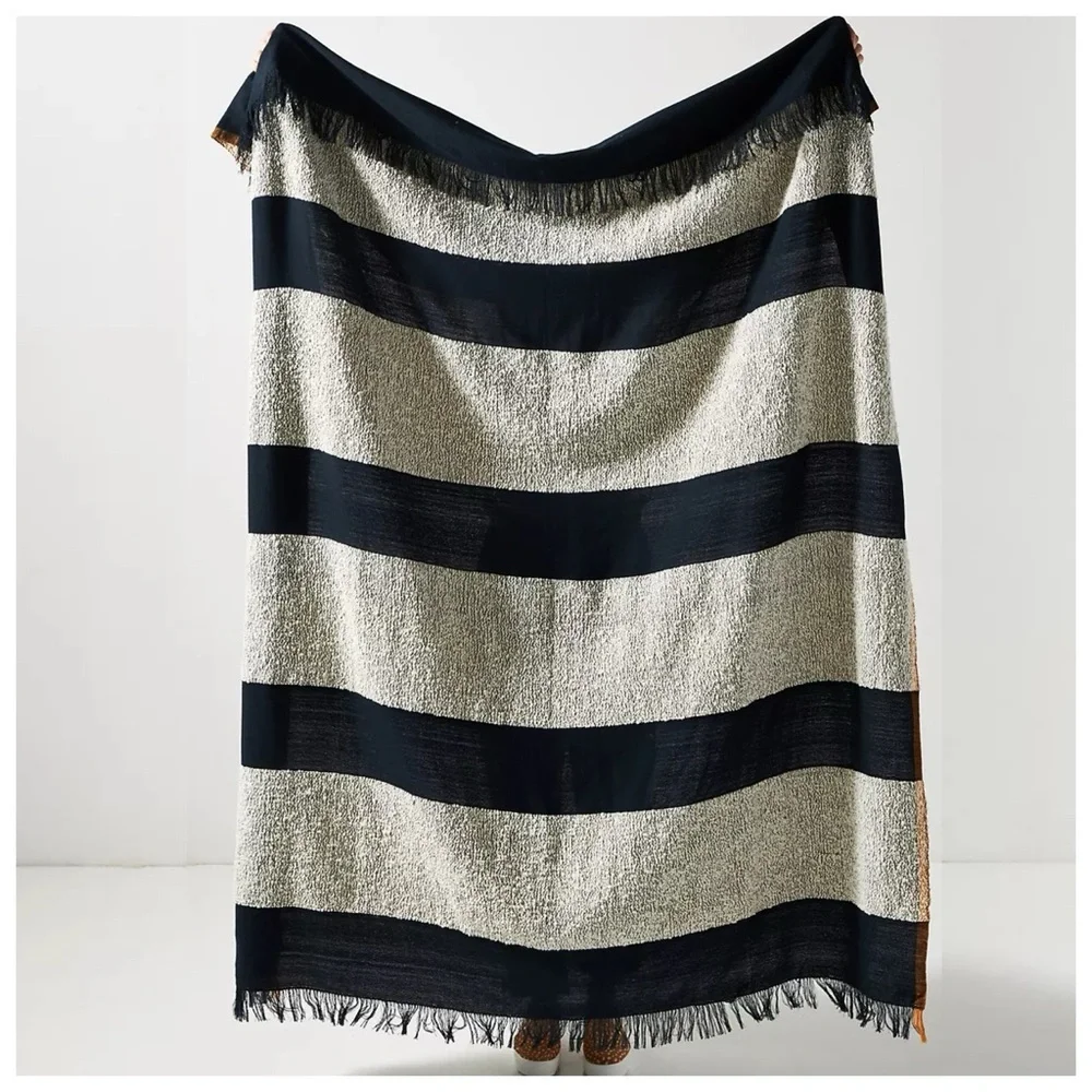 Anthropologie Handwoven Lenna Throw Blanket Black Cream